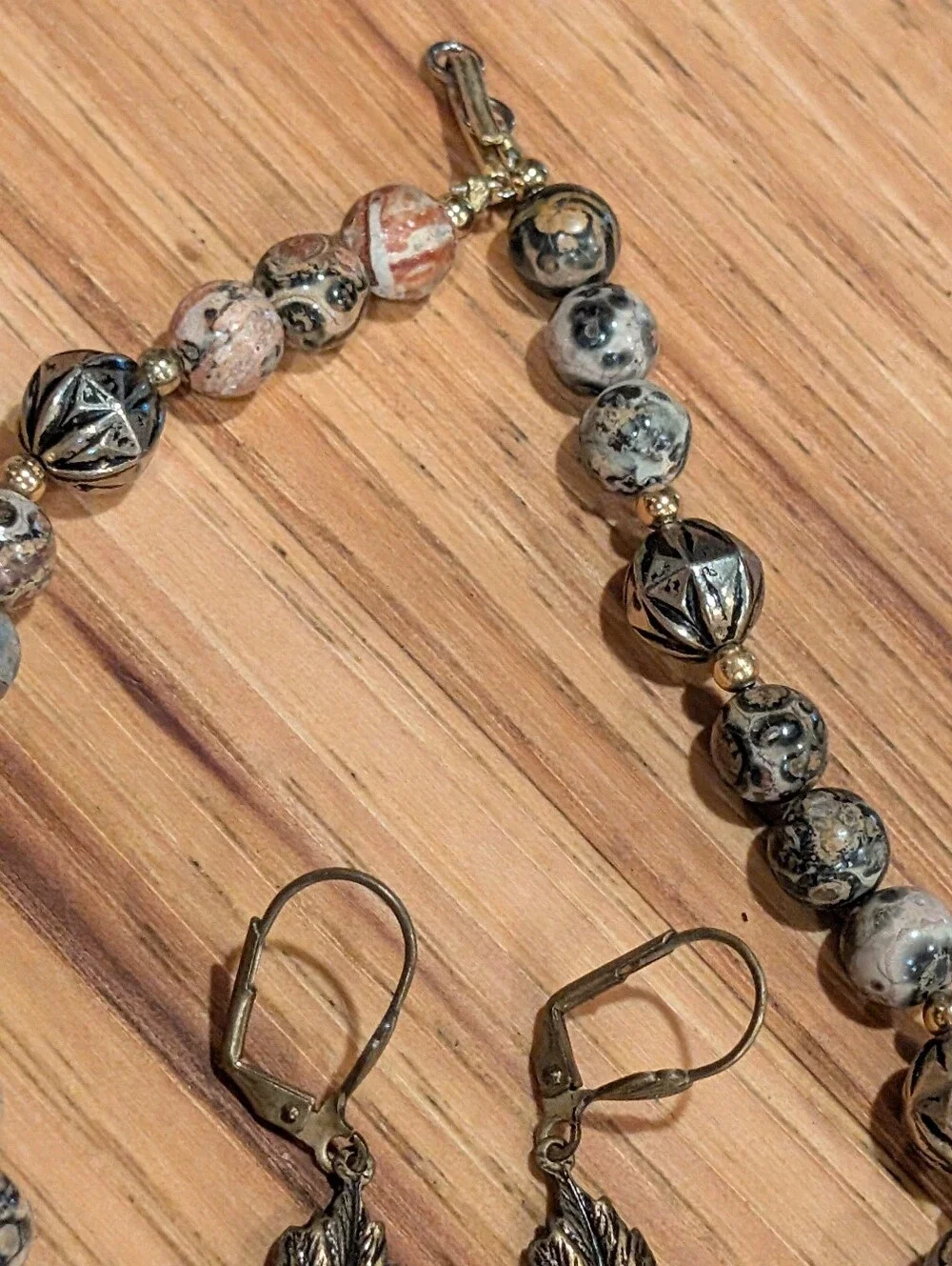 Leaf Pendant Bead Necklace and Earrings Set - Antiqued Gold and Jasper Stone